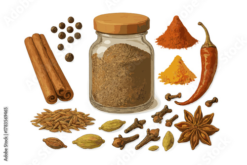 Whole and ground aromatic spices assortment including cinnamon, cloves, chili, and star anise