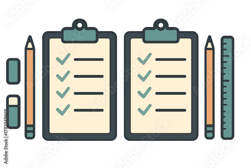 Dual clipboards displaying completed task lists alongside essential and school supplies