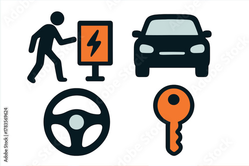 Essential icons for driving and electric vehicles: car, steering wheel, ignition key, and charging station symbol