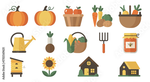 Collection of autumn harvest and farm-related flat design icons.