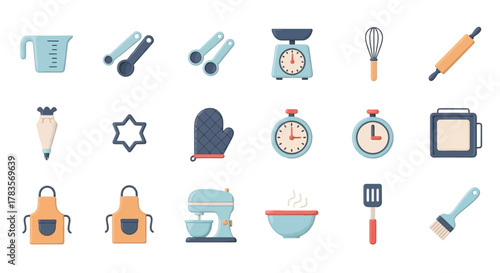 Collection of baking and cooking utensils and kitchen accessories.