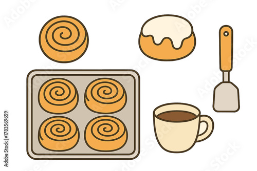 Set of sweet baked goods including cinnamon rolls, glazed bun, coffee cup, and kitchen spatula