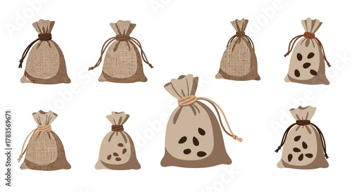 Collection of Burlap Sacks with Drawstrings and Coffee Beans.