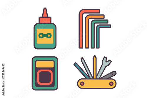 Essential cycling maintenance tools including hex wrenches, chain lubricant, and folding multi-tool