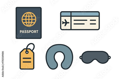 Essential travel accessories set with passport boarding pass neck pillow and eye mask