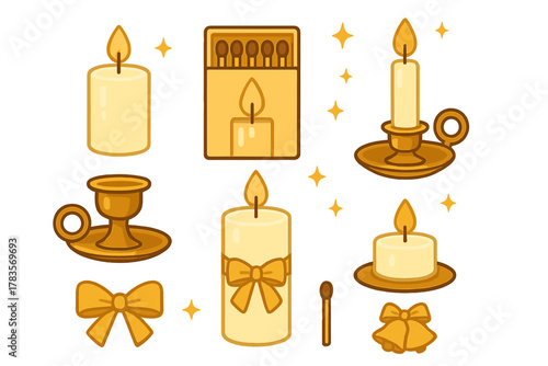 Glowing golden candles, candlesticks, matchbox, bows, and bells collection