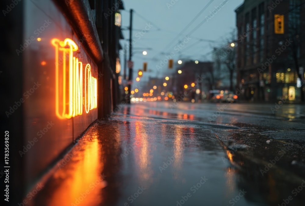 Fototapeta premium Rainy urban street scene at night with wet pavement reflections and glowing neon lights