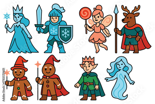 Collection of whimsical fantasy characters including a queen knight fairy gingerbread elf and deer