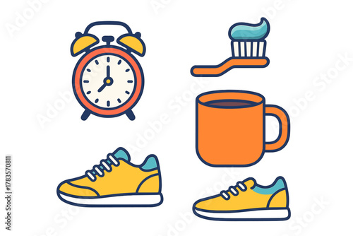Alarm clock, toothbrush, coffee mug, and athletic shoes representing morning habits