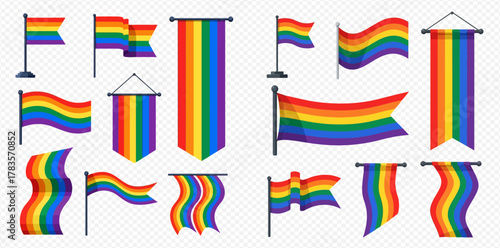 Collection of diverse rainbow flags and banners representing LGBTQ+ pride and support.