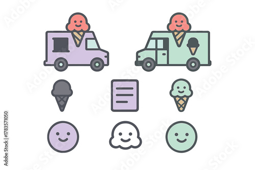 Colorful ice cream trucks, sweet dessert cones, and happy face icons for summer treats