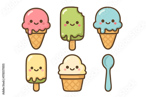 Adorable cartoon frozen desserts including happy ice cream cones and popsicles