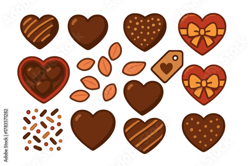 Heart shaped chocolates, candy box, cocoa beans, and sweet dessert toppings for Valentine's Day