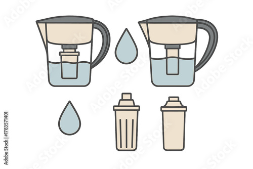 Water filter pitchers with replaceable cartridges and water droplets showing purification process