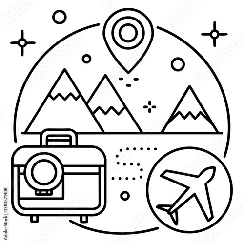A travel themed icon showcasing mountains, a suitcase, a plane, and a location pin