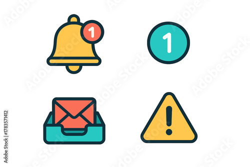 Set of four essential user interface symbols for notifications, messages, and warnings
