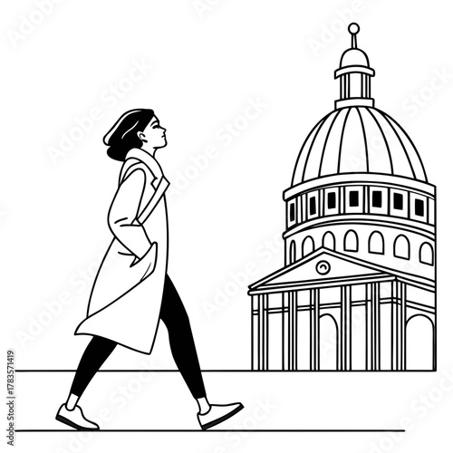 A woman walks past a domed building, exuding confidence and purpose in her stride