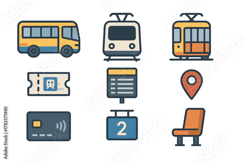 Public transportation and travel symbols including bus, train, tram, ticket, and map pin