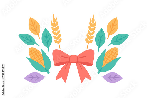 Colorful harvest arrangement featuring a central red bow, corn cobs, wheat ears, and autumn leaves
