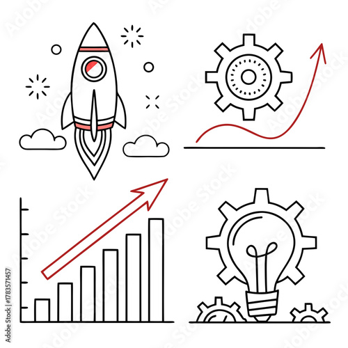 Business growth concept with rocket launch, gears, light bulb, and bar chart