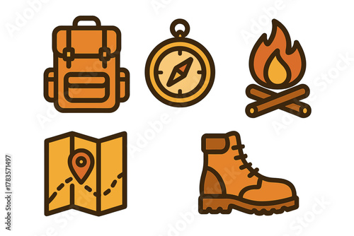 Essential outdoor adventure gear set with backpack compass map hiking boot and campfire icons