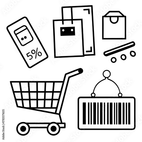 Illustration of a shopping cart, bags, barcode, and discount card