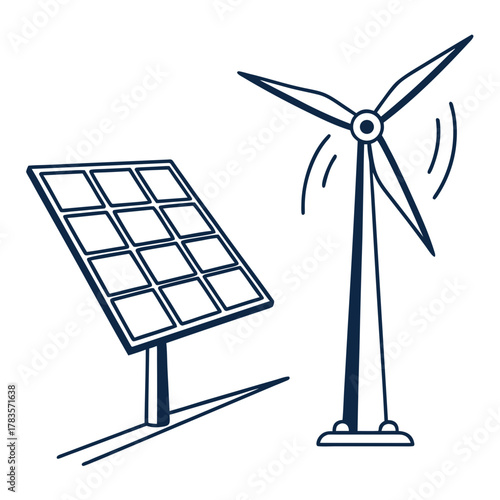 Illustration of a solar panel and a wind turbine, symbolizing renewable energy sources