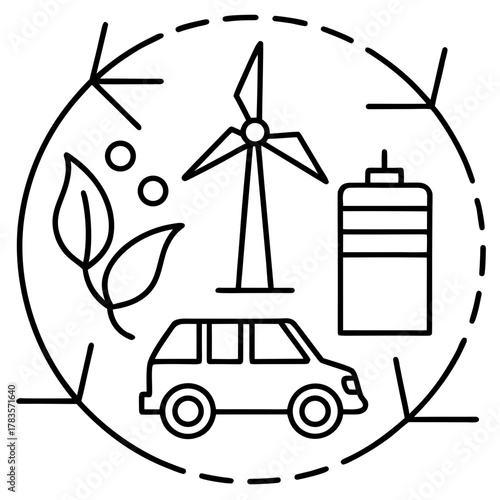 Illustration of a sustainable energy system with a car, wind turbine, battery, and plant