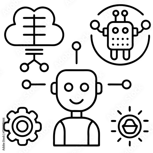 Illustration of artificial intelligence with cloud computing, robot, gear, and sun