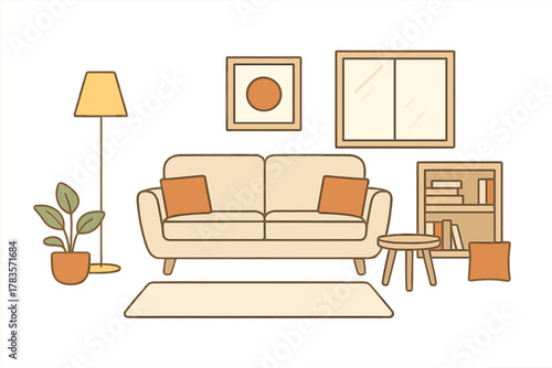 Minimalist living room interior with comfortable sofa, floor lamp, rug, and wooden bookshelf