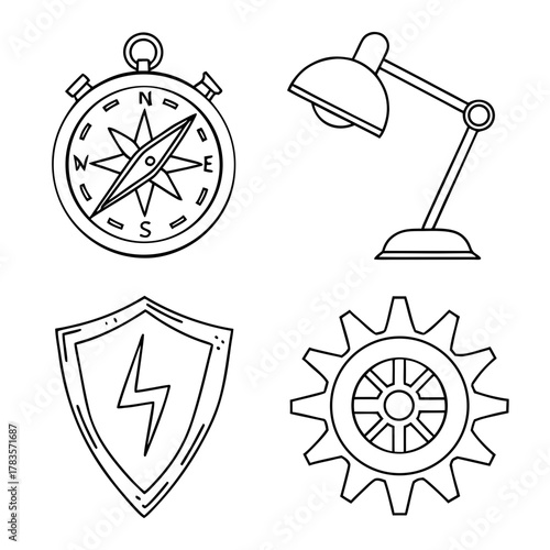 Illustration of compass, lamp, shield, and gear, showcasing various symbolic elements