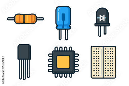 Set of essential electronic components including resistor capacitor transistor and microchip
