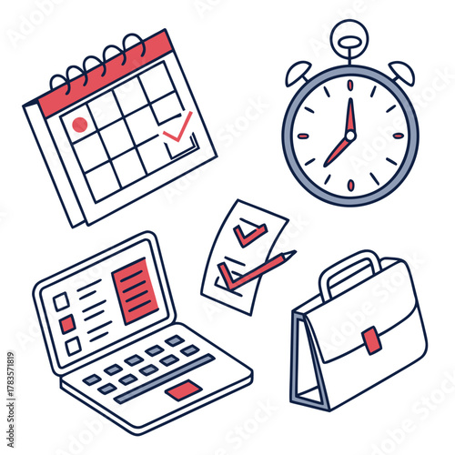 Isometric view of calendar, clock, laptop, checklist, and briefcase