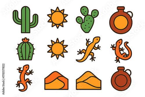 Desert and arid environment icons featuring cactus plants, bright sun, lizards, sand dunes, and water jugs