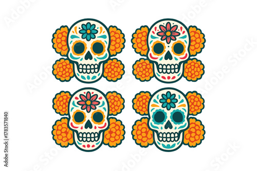 Colorful traditional Mexican sugar skulls decorated with marigold flowers for Dia de Muertos