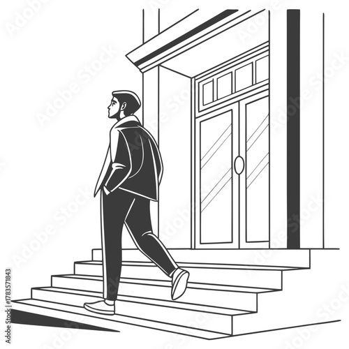 Man in jacket walking up stairs to building, looking away thoughtfully