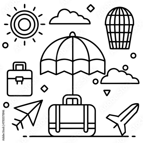 Line art illustration of travel insurance concept with suitcase, umbrella, sun, and airplane