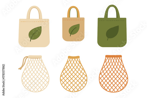 Collection of reusable eco-friendly shopping bags including canvas totes and mesh produce bags