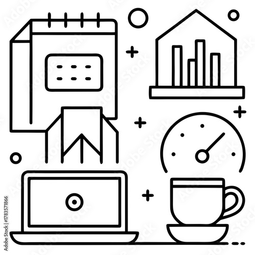 Office productivity tools calendar, laptop, graph, clock, and coffee cup icon