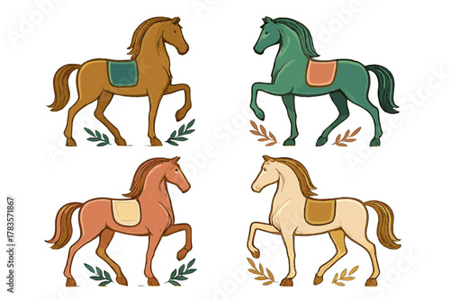 Stylized collection of four prancing horses with decorative leaves and saddle blankets
