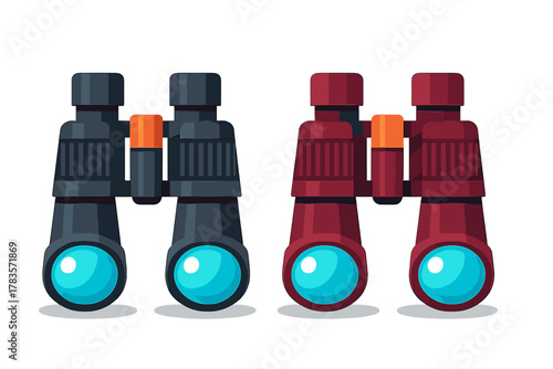 Two modern binoculars in dark gray and maroon for observation and exploration