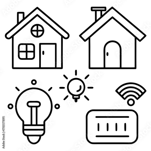 Smart home automation system featuring houses, light bulbs, wifi signal, and control panel