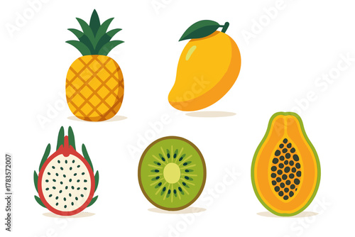 Colorful set of five tropical fruits including pineapple, mango, kiwi, dragon fruit, and papaya
