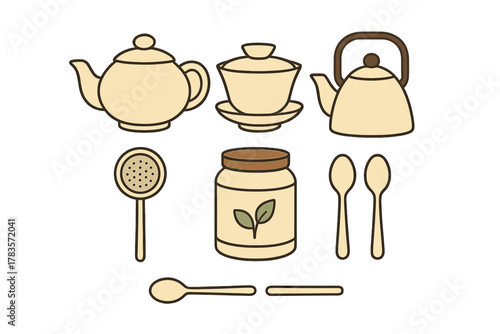 Tea preparation accessories set including teapots kettle cup strainer jar and spoons