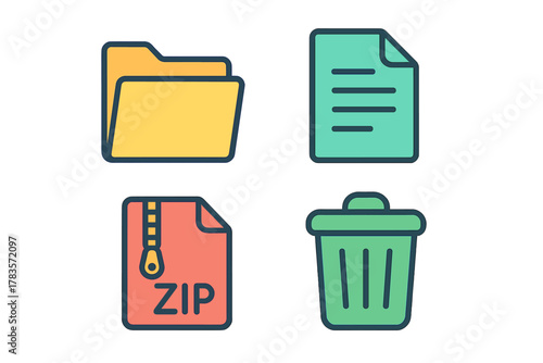 Digital management icons including folder document compressed archive and trash bin