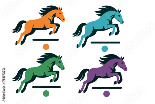 Dynamic set of four stylized horses leaping over hurdles in vibrant colors