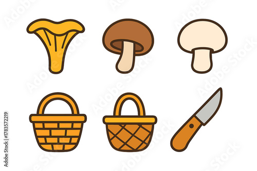 Various fungi, wicker baskets, and foraging knife used for mushroom hunting