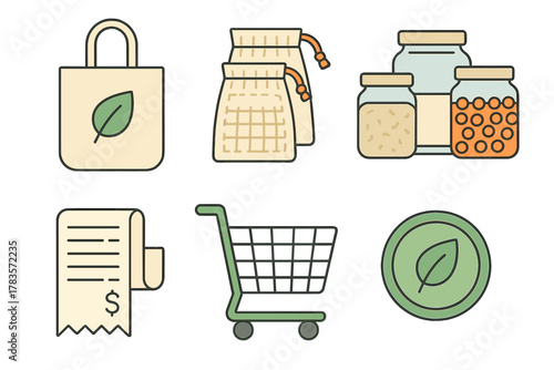 Zero waste and sustainable shopping elements including reusable bags, glass jars, and receipt