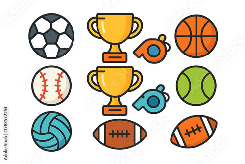 Essential sports equipment and achievement symbols: various balls, trophies, and whistles