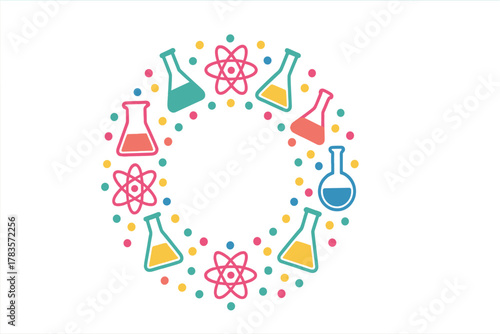 Colorful science icons in circular frame with laboratory flasks and atom symbols